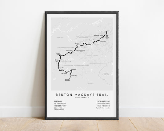 Benton MacKaye Trail (United States) Route Wall Map with White Background