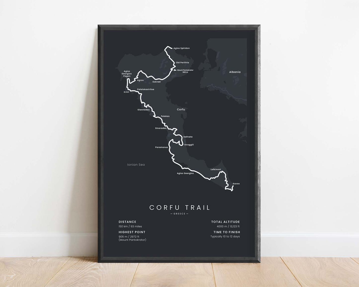 Corfu Trail (Kerkyra Island) Thru-Hike Wall Art with Black Background