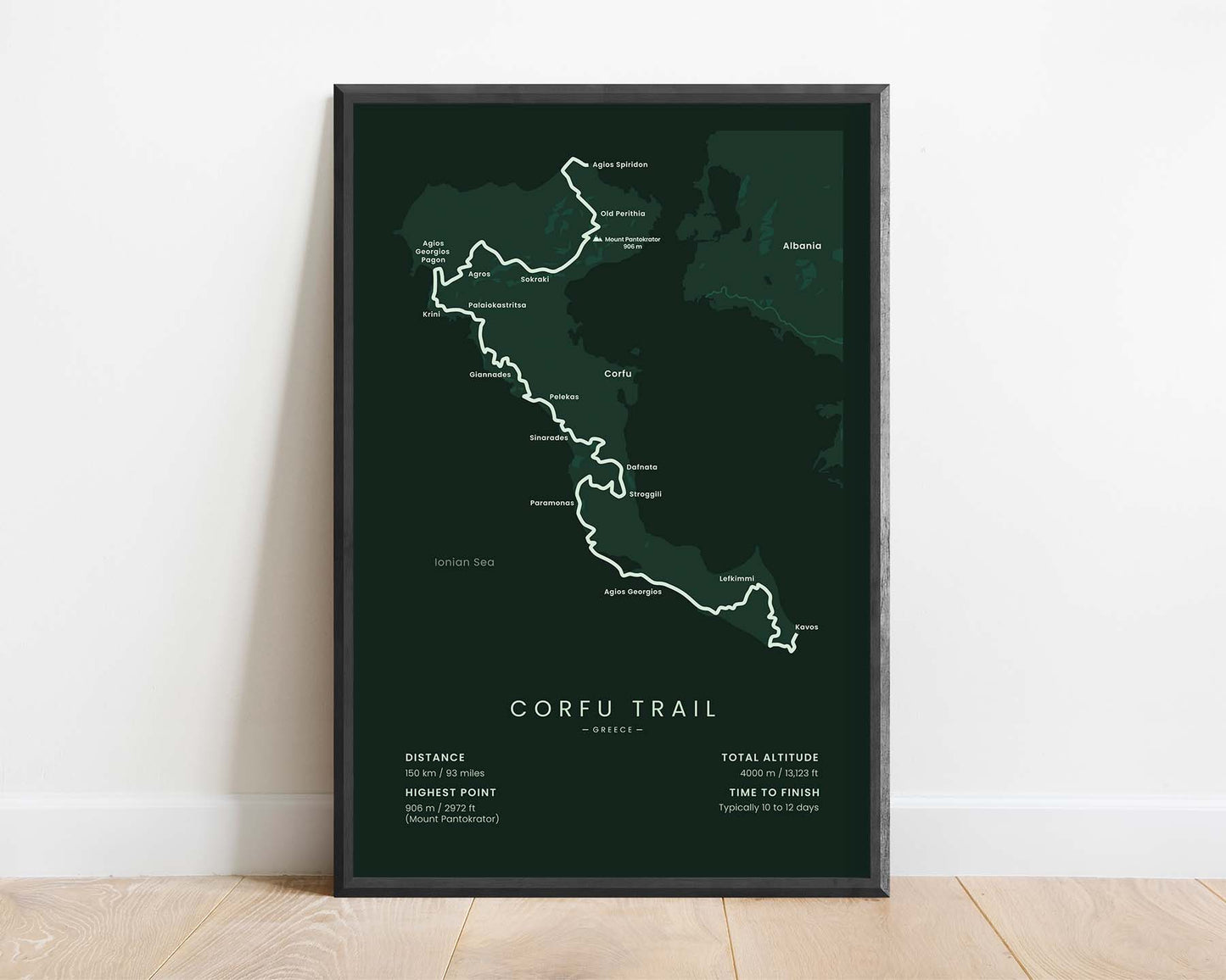 Corfu Trail (Greece) Track Map Art with Green Background