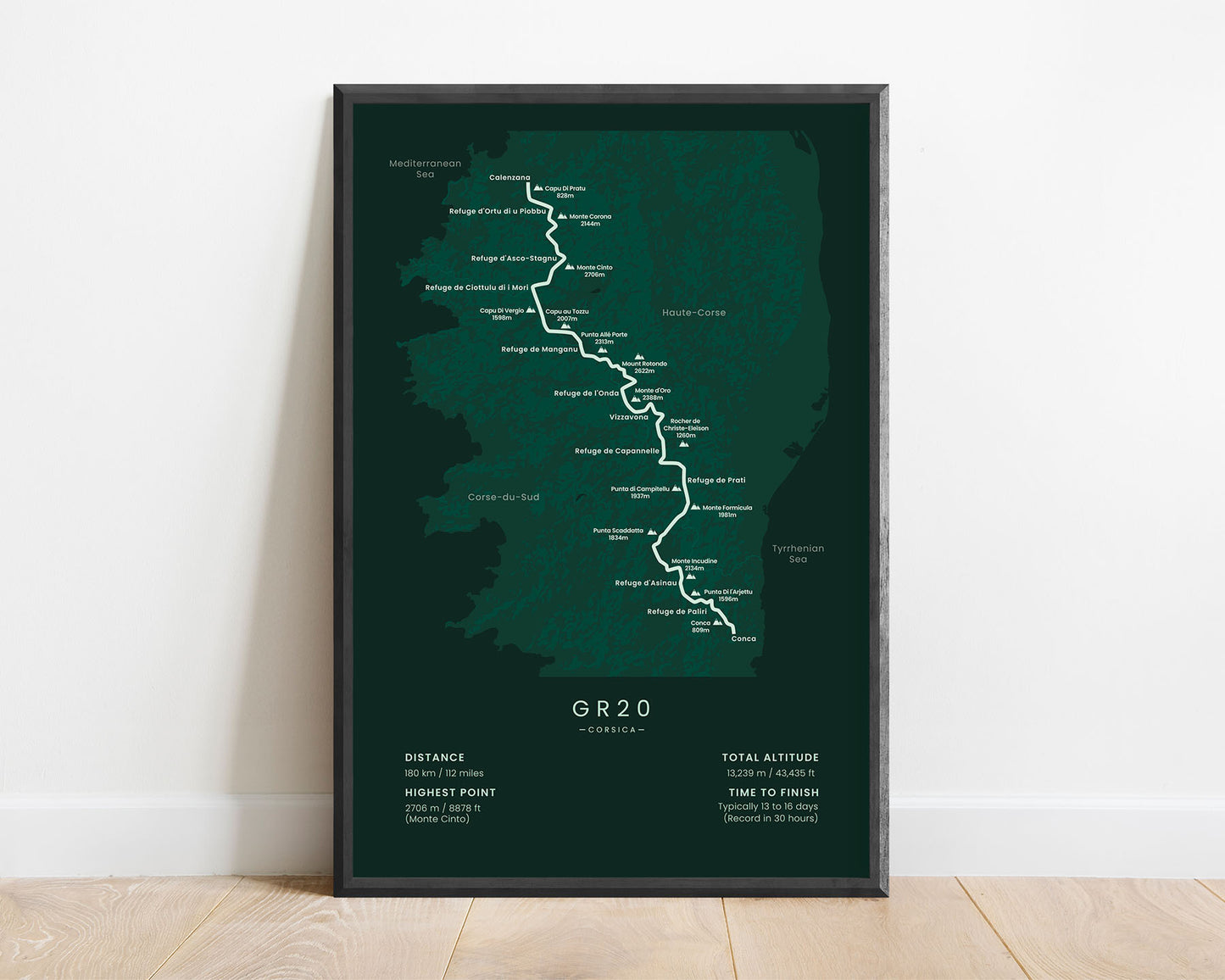 GR20 thru hike wall art with green background (Calenzana to Conca)