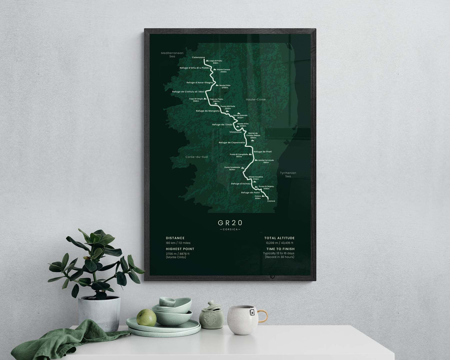 Fra li Monti trail map art in minimal room decor (France)