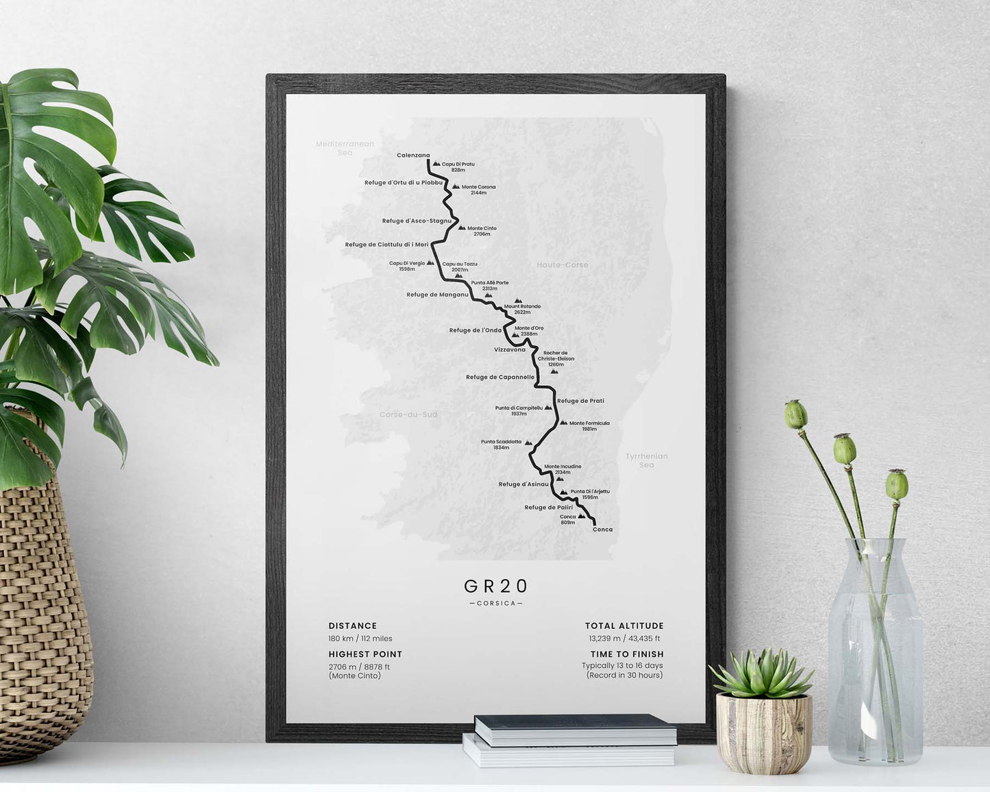 GR20 path print in minimal room decor (Corsica)