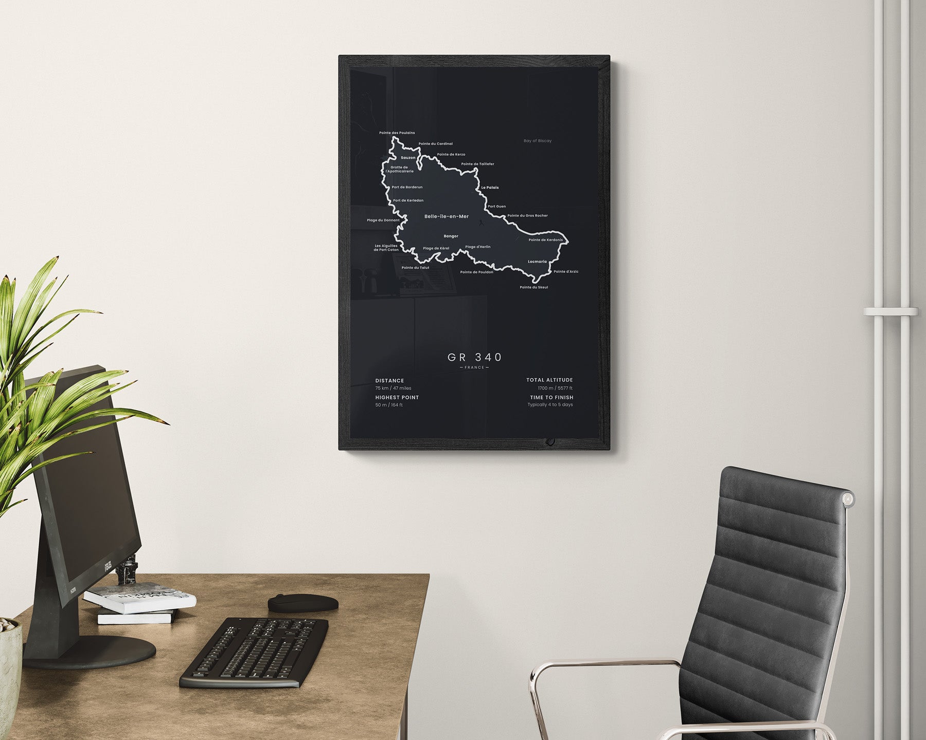 GR340 (France) Hike Map Art in Minimal Home Office Wall Decor