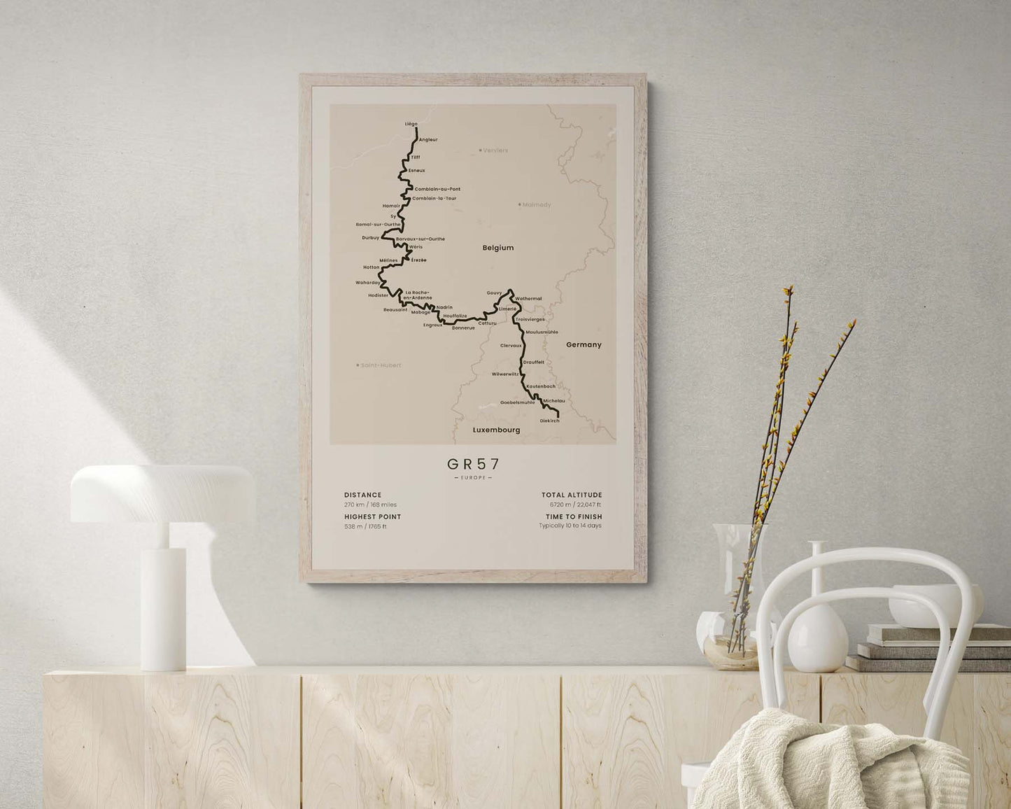 Vallée de l'Ourthe et Sentier du nord trail map art in minimal room decor (Europe)
