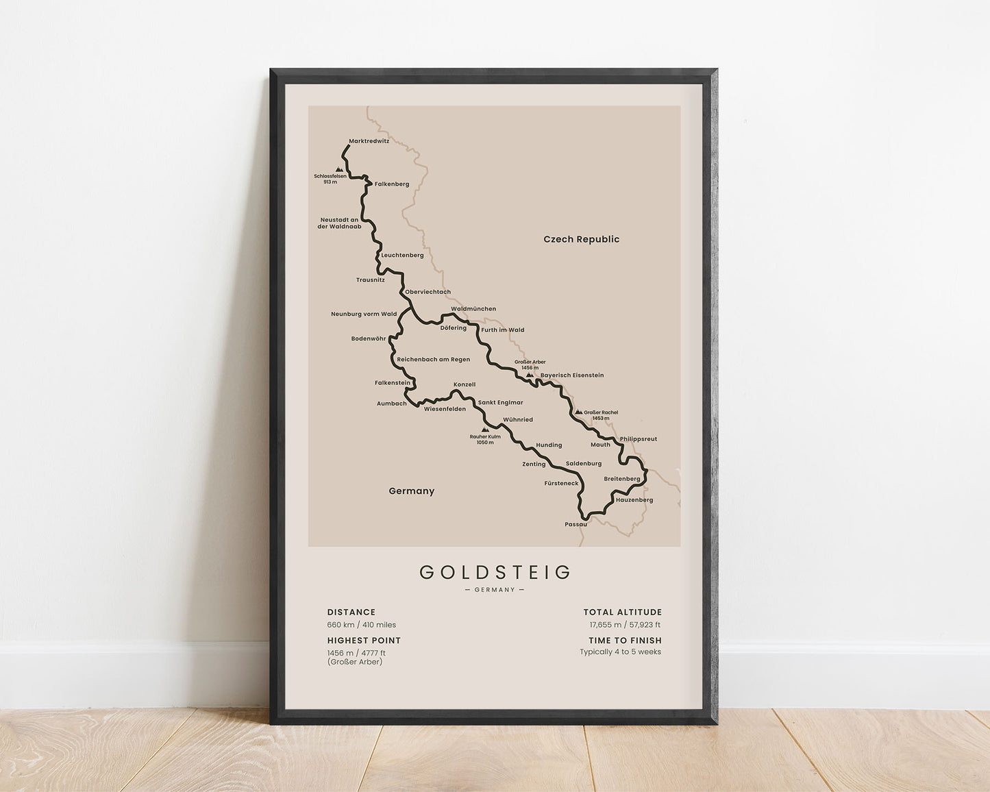 Goldsteig Trail (Bavaria) route art with beige background