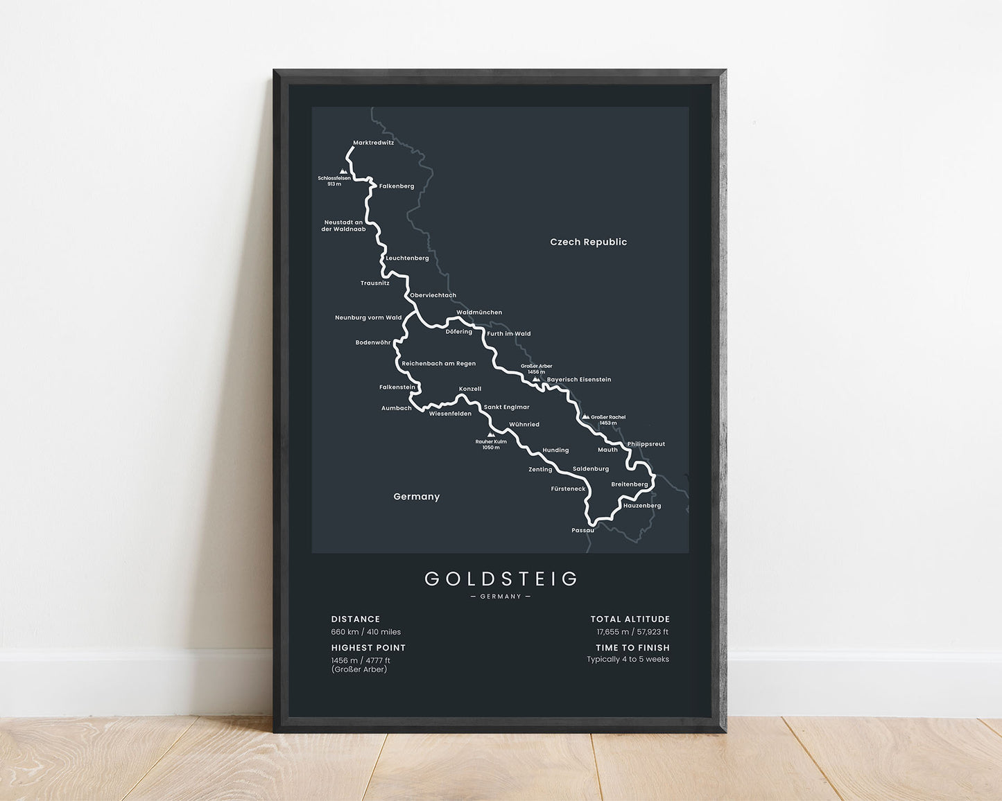 Goldsteig Trail (Bavarian Forest National Park) trek wall map with black background