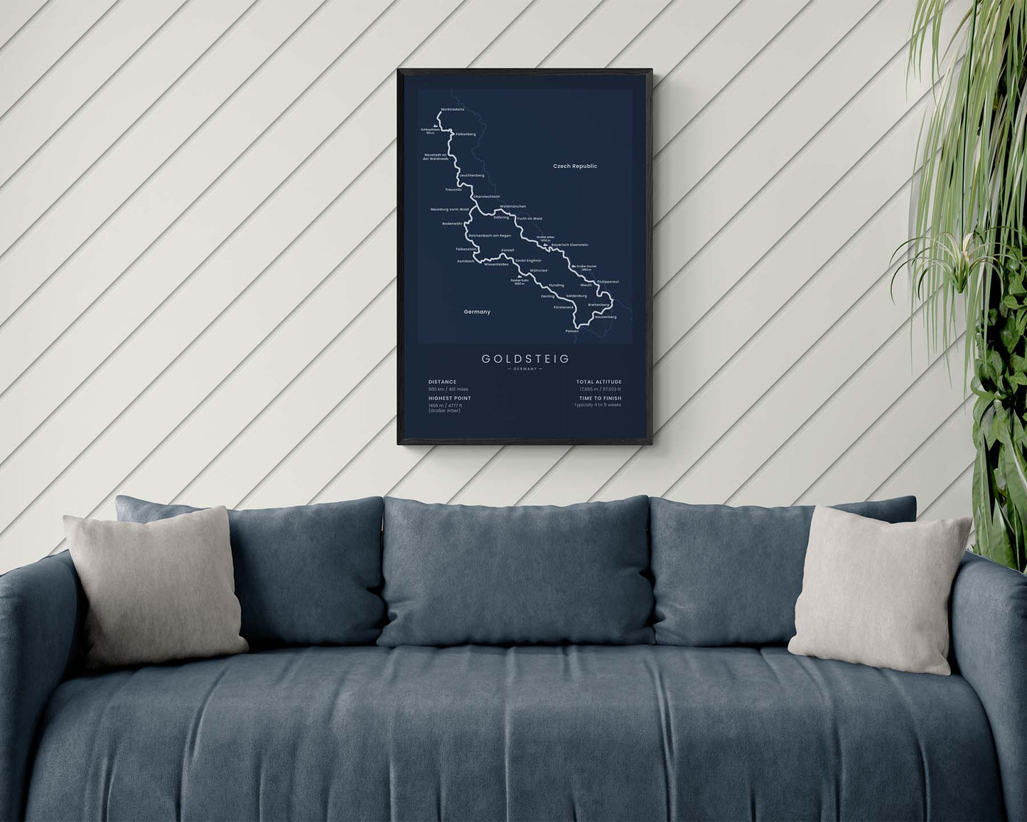 Goldsteig Trail (Germany) track map art in minimal room decor