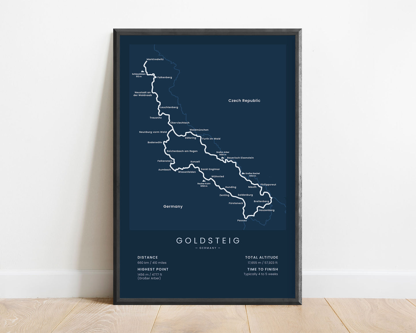 Goldsteig Trail (Marktredwitz to Passau) path print with blue background