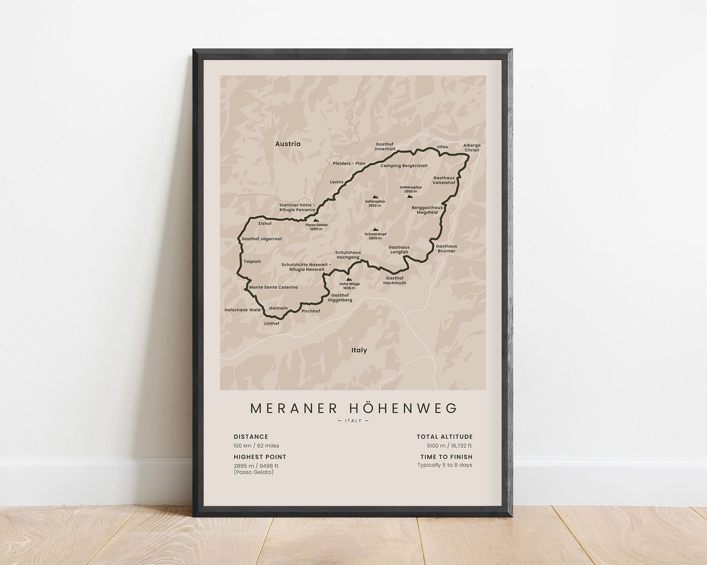 Alta via di Merano (Dolomites) route art with beige background