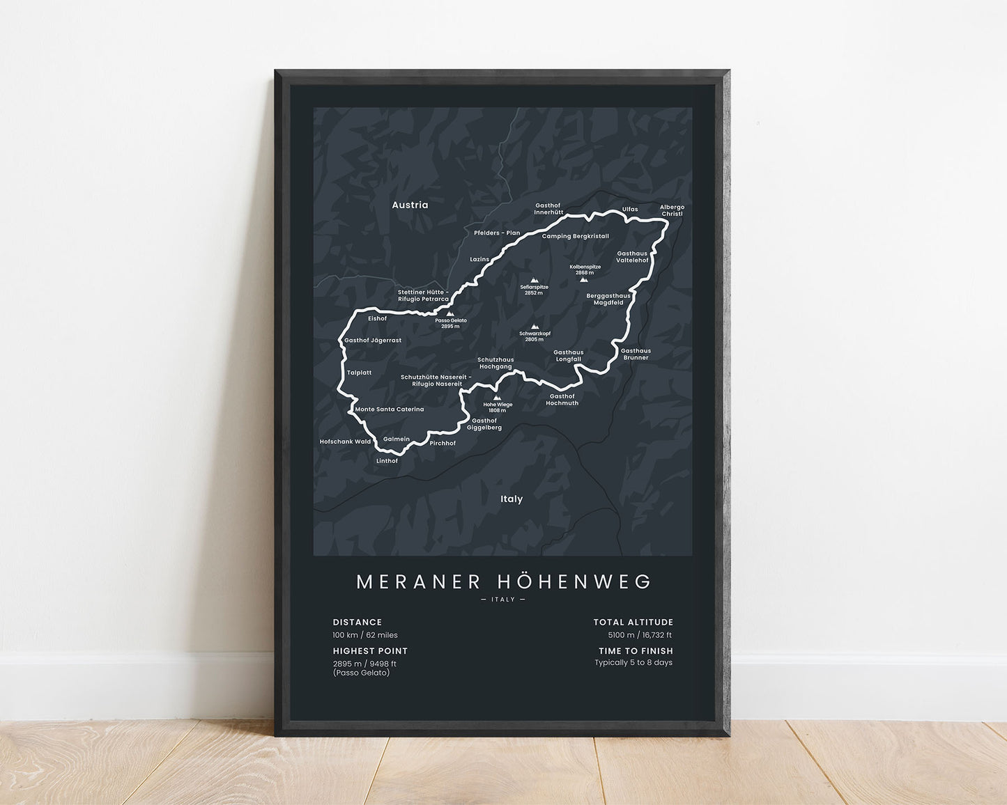 Meraner Höhenweg (Italy) path wall map with black background