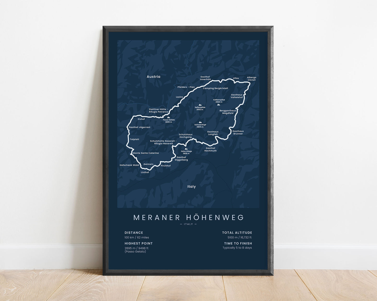 Alta via di Merano (Parco Naturale Gruppo di Tessa) hike print with blue background