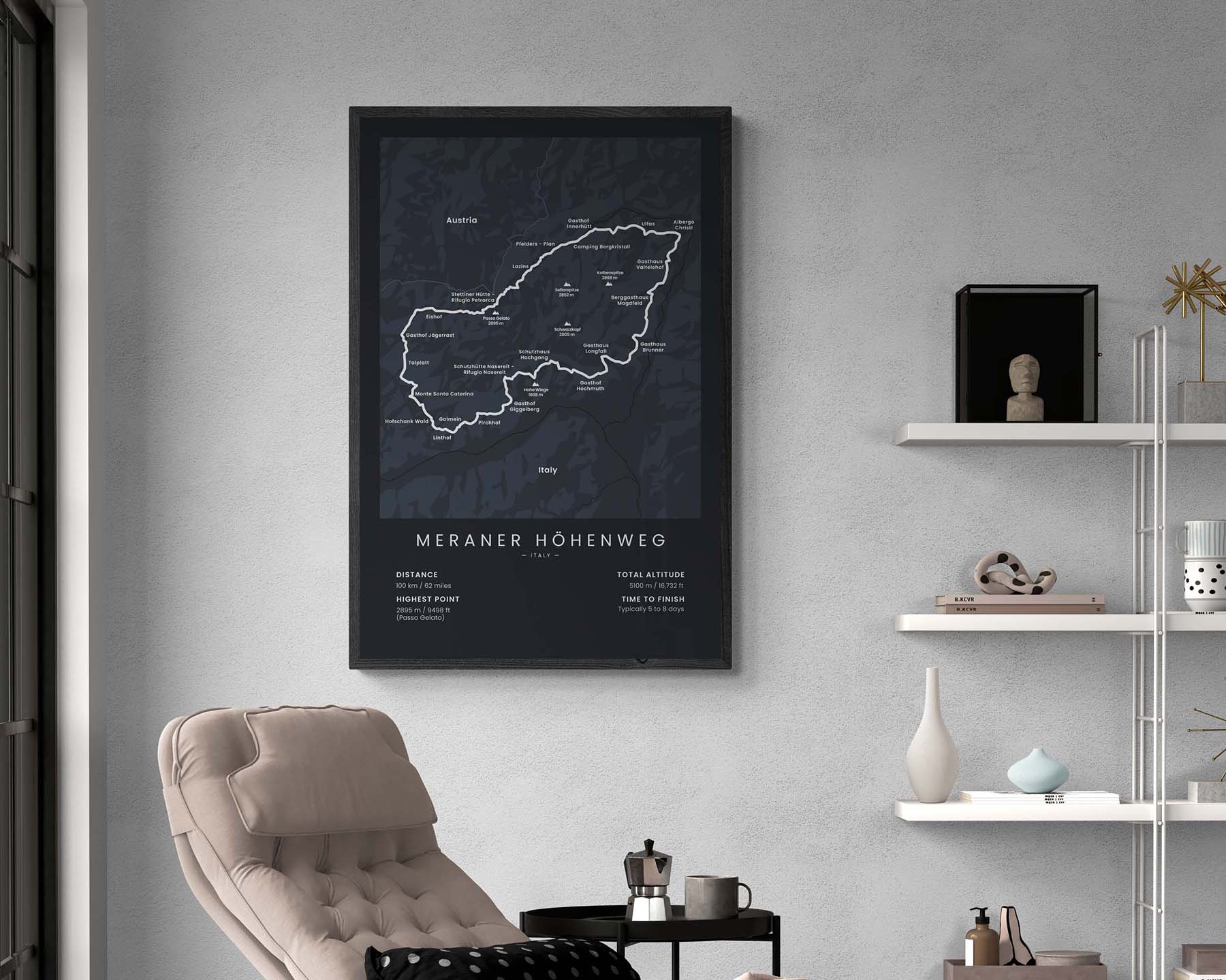 Meraner Höhenweg (Alps) thru-hike poster in minimal room decor