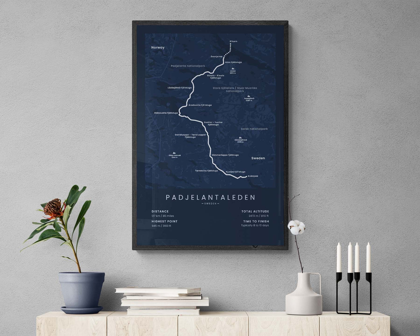Padjelantaleden (Tarra Valley) Thru-Hike Map Art in Minimal Interior Decor