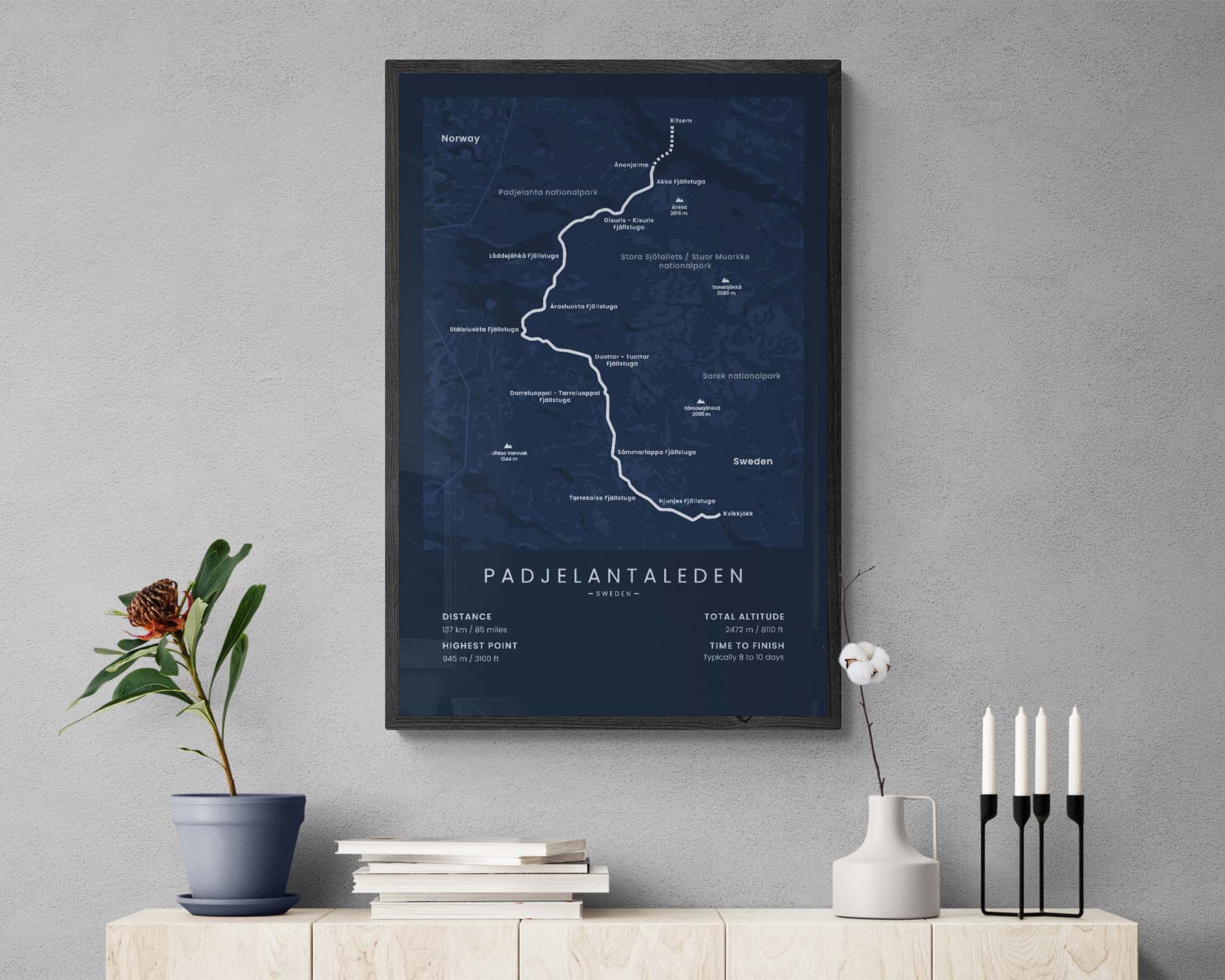 Padjelantaleden (Tarra Valley) Thru-Hike Map Art in Minimal Interior Decor