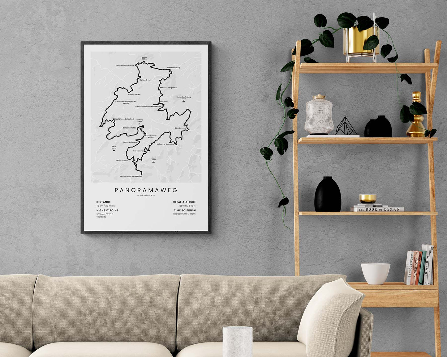 Panorama Trail (Baden-Baden) trail map art in minimal room decor