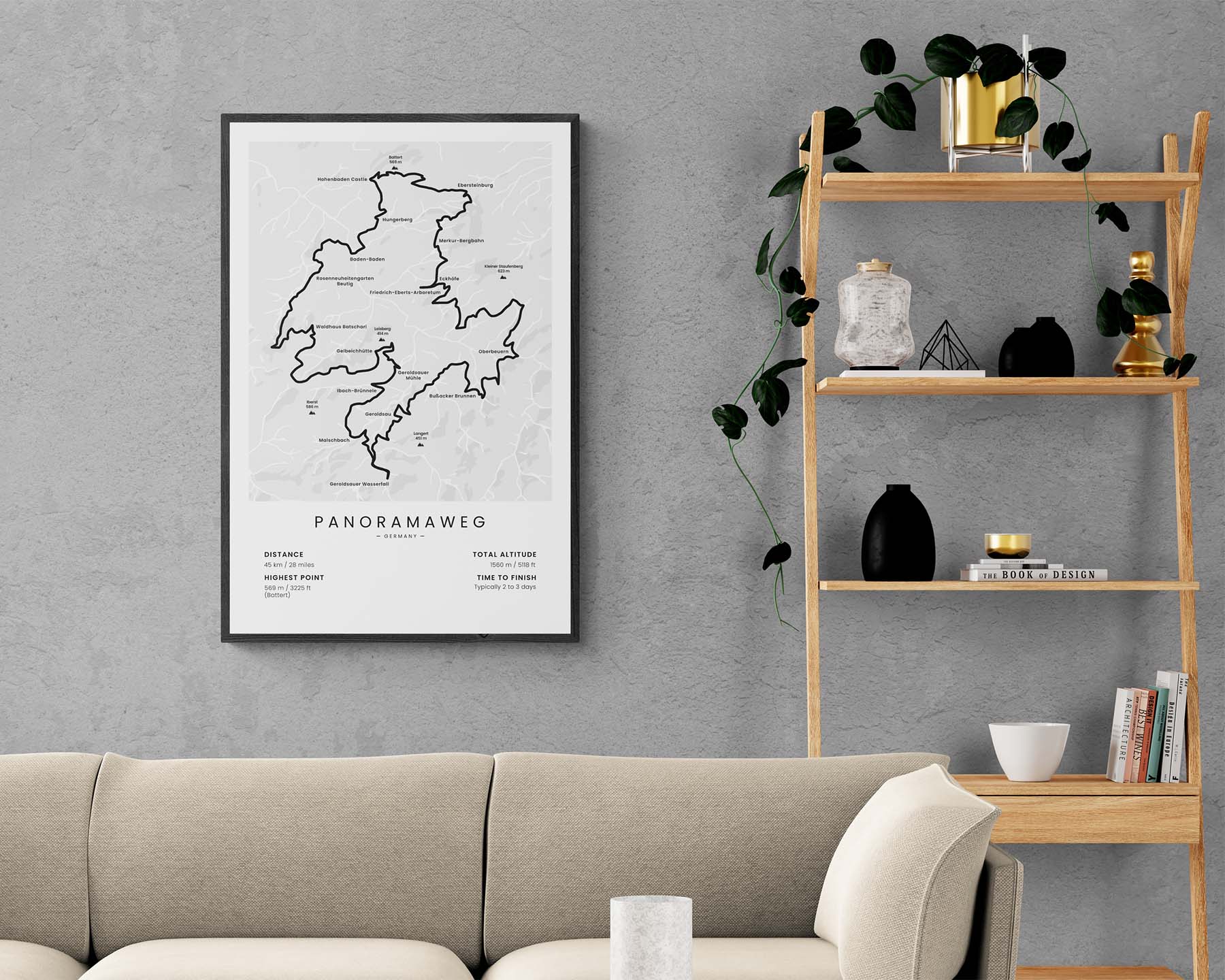 Panorama Trail (Baden-Baden) trail map art in minimal room decor