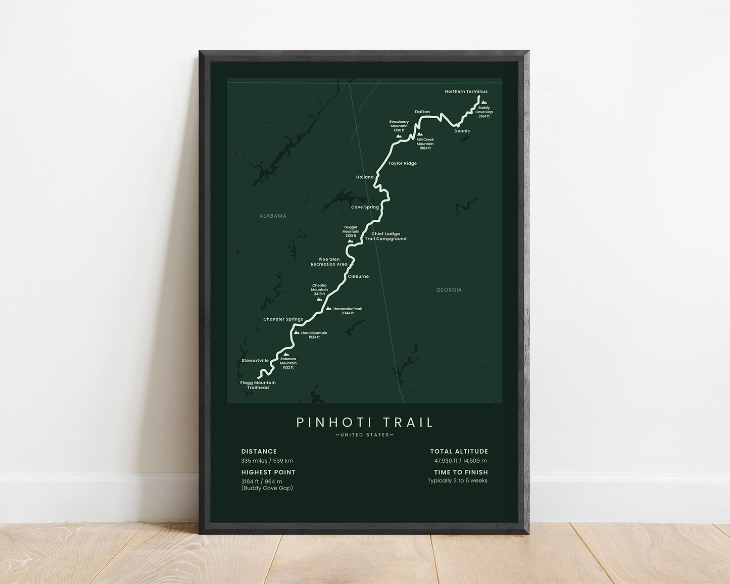 Pinhoti Trail (Georgia) Trail Map Art with Green Background