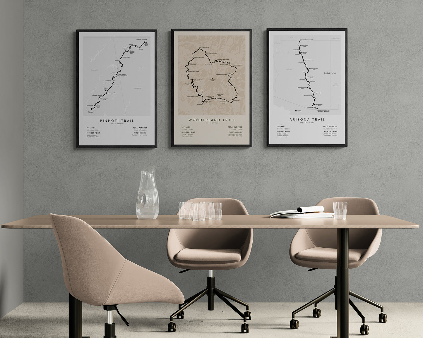 Pinhoti Trail (Alabama) Hike Map Art in Minimal Room Decor
