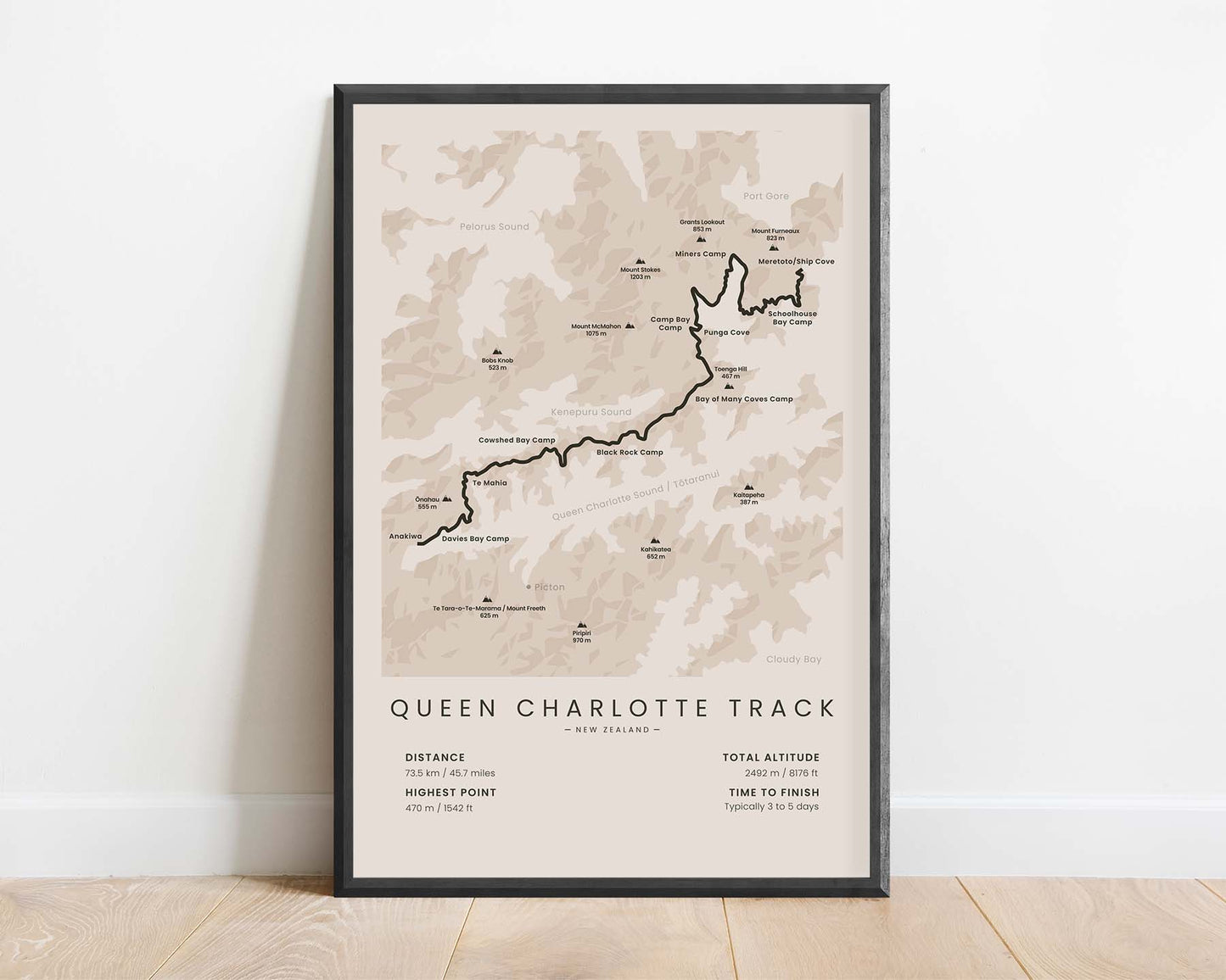 Queen Charlotte Track (Queen Charlotte Sound, Anakiwa, Marlborough Sounds, Ship Cove to Anakiwa, Kenepuru Sound, New Zealand) Route Wall Map with Beige Background