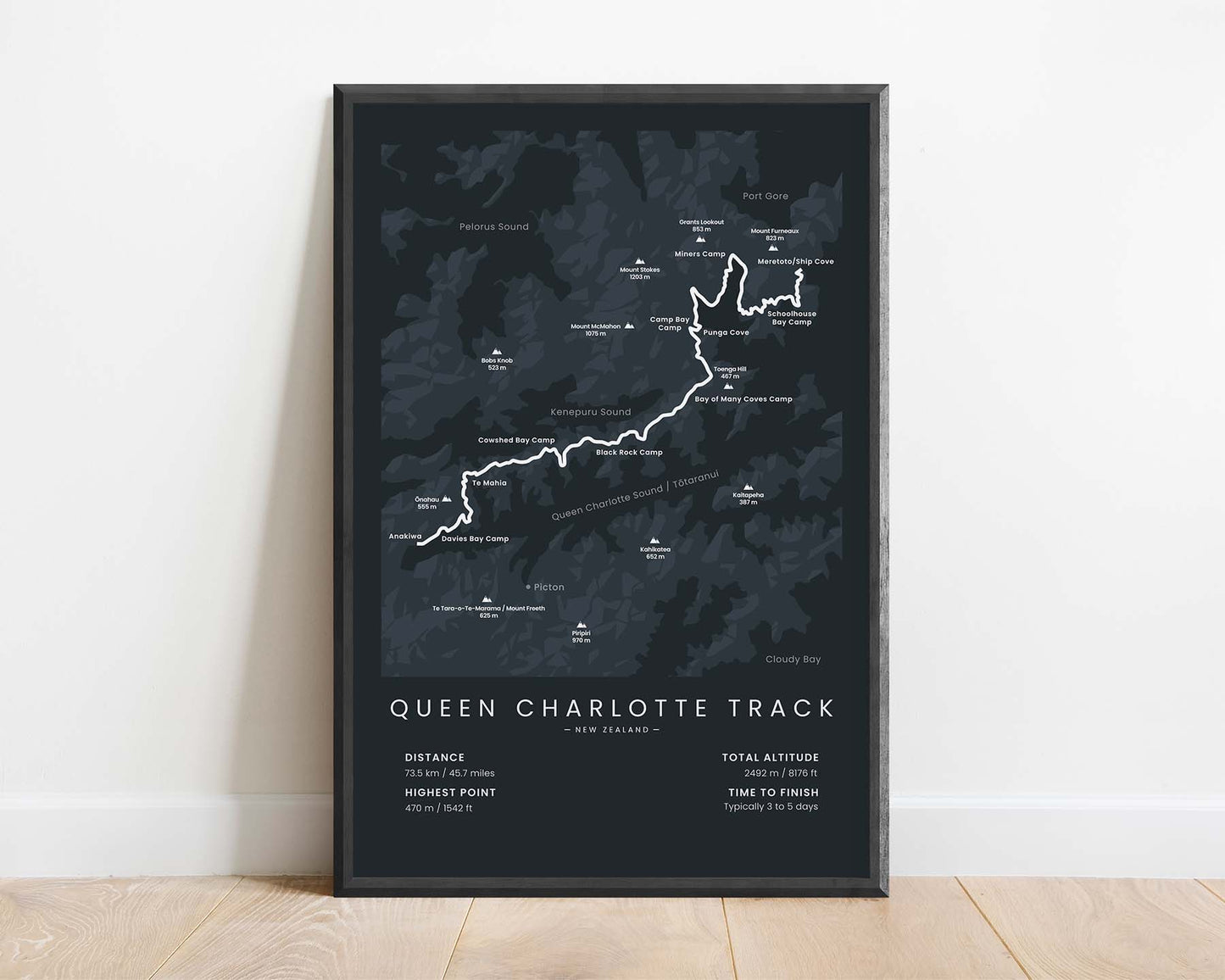 Queen Charlotte Walkway (Meretoto to Anakiwa, New Zealand, Marlborough Sounds, Kenepuru Sound, Queen Charlotte Sound) Trek Wall Art with Black Background