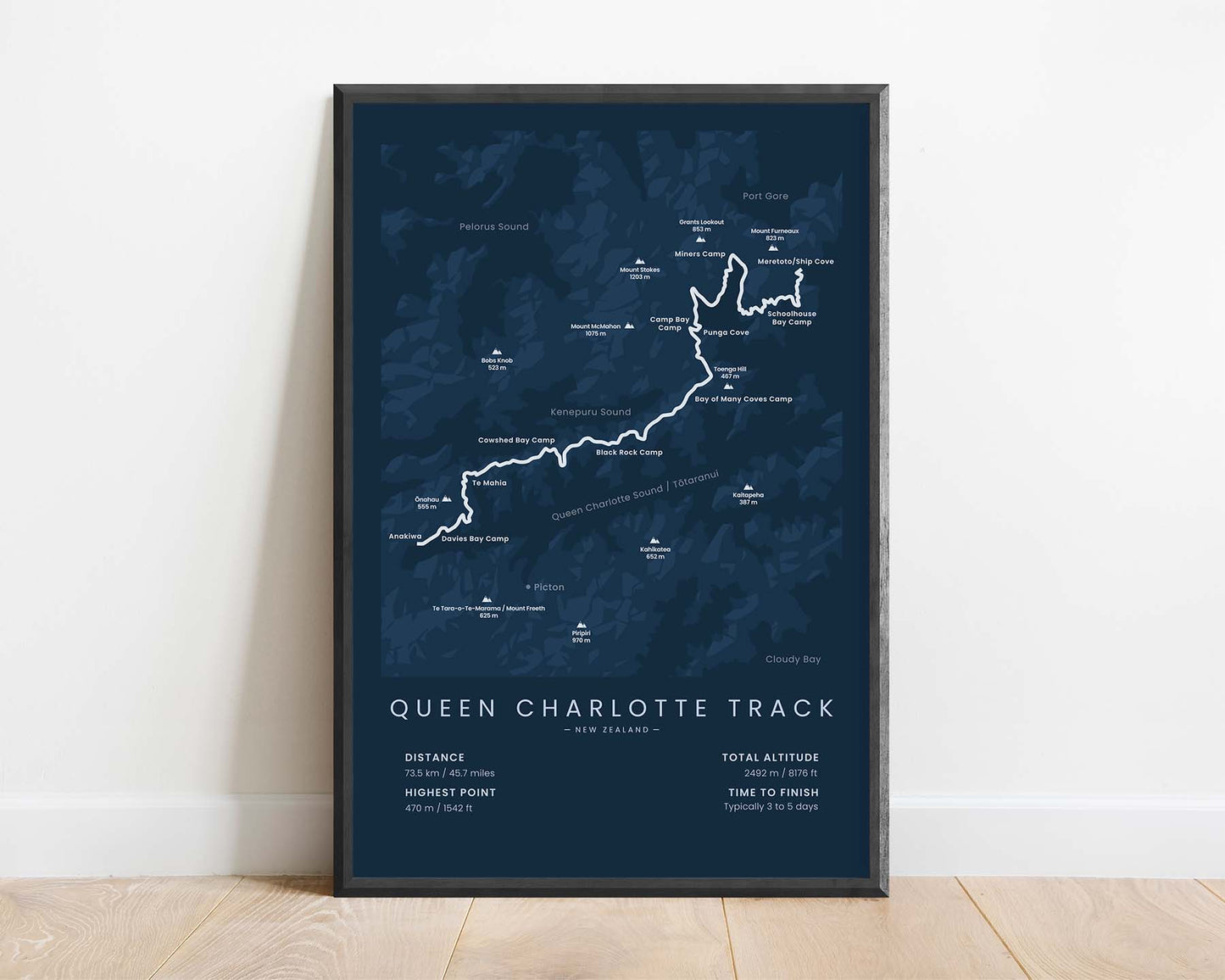 Queen Charlotte Track (New Zealand, Ship Cove to Anakiwa, Kenepuru Sound, Queen Charlotte Sound, Marlborough Sounds) Trail Print with Blue Background