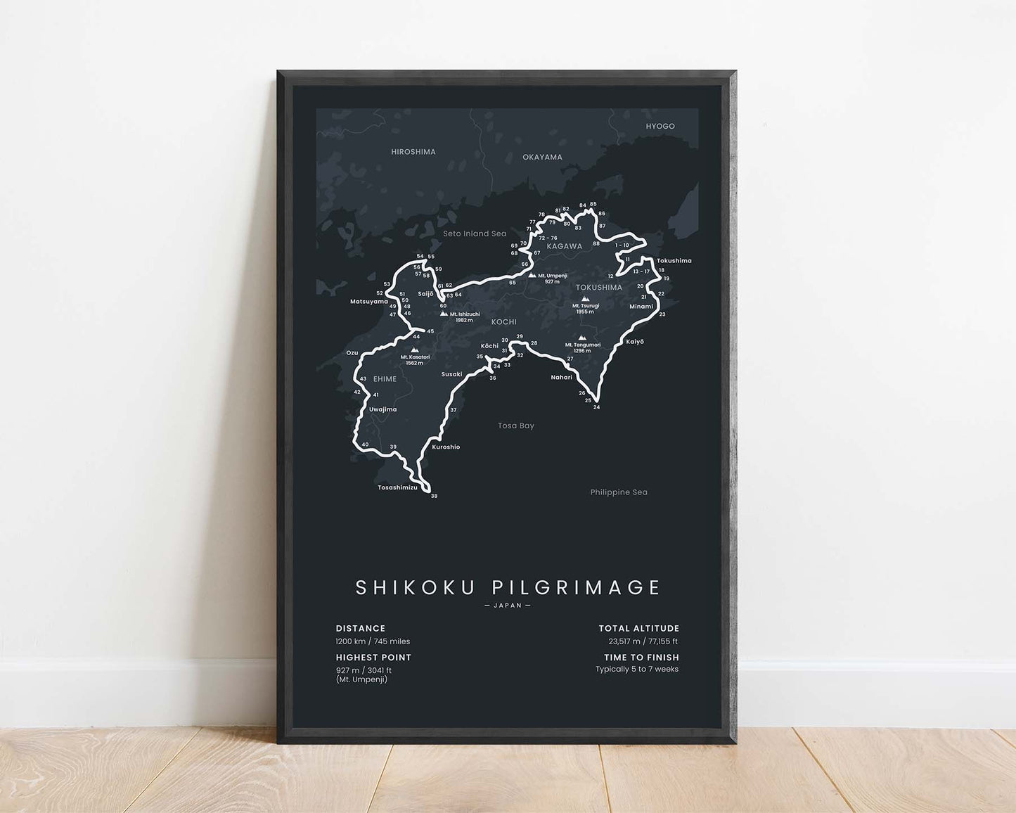 Shikoku Junrei (Shikoku Island, Kūkai, Japan, Kōbō Daishi) Trail Wall Art with Black Background