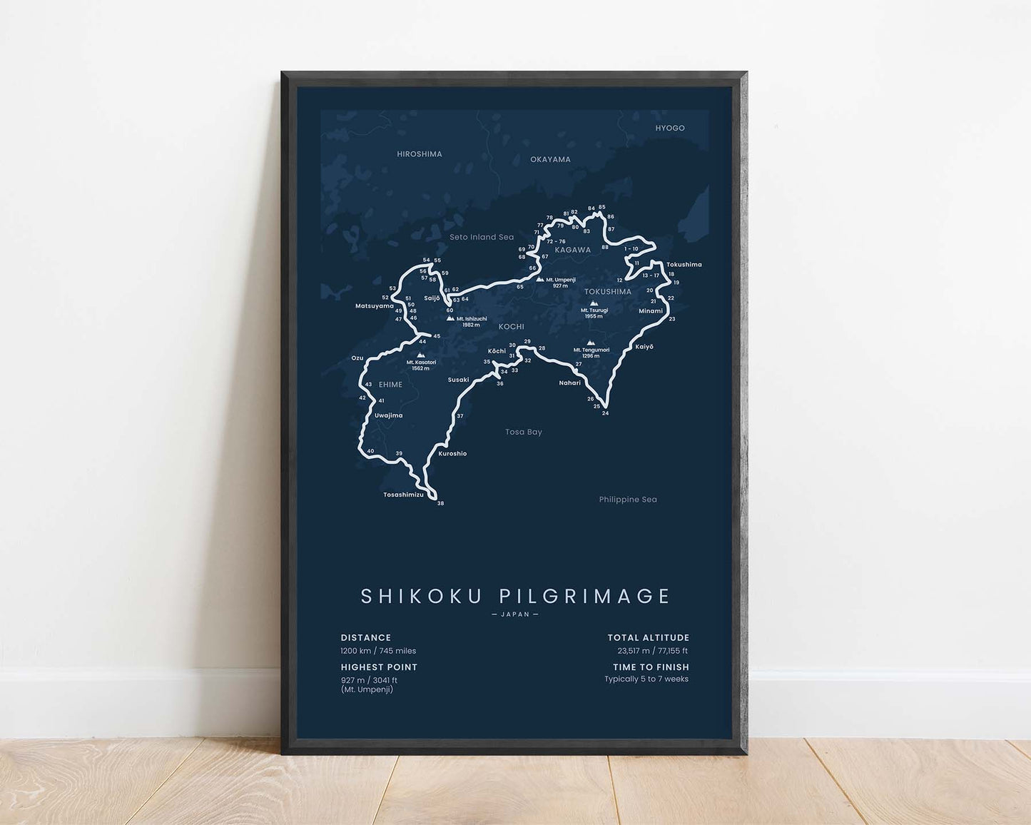 Shikoku Pilgrimage (Kōbō Daishi, Japan, Shikoku Island, Kūkai) Path Print with Blue Background