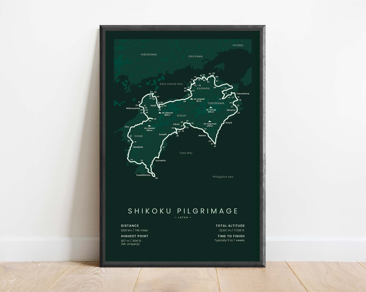 88 Temples Pilgrimage (Shikoku Henro, Kūkai, Shikoku Island, Japan) Trek Map Art with Green Background