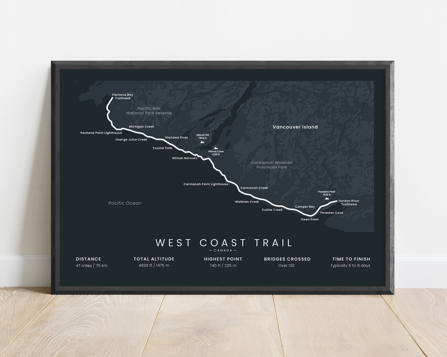 West Coast Trail (Pacific Rim National Park Reserve) Path Wall Map with Black Background