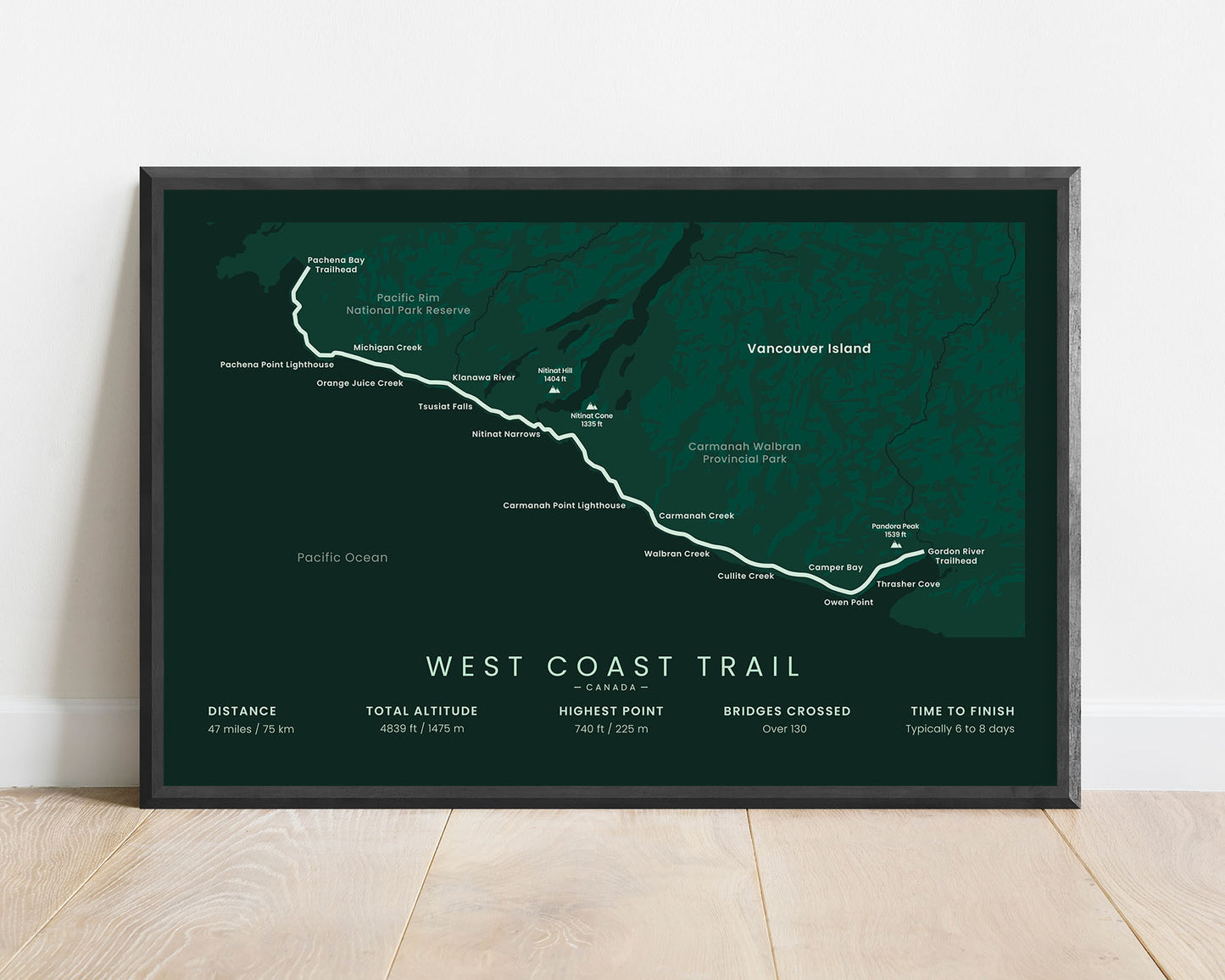 West Coast Trail (Canada) Track Poster with Green Background