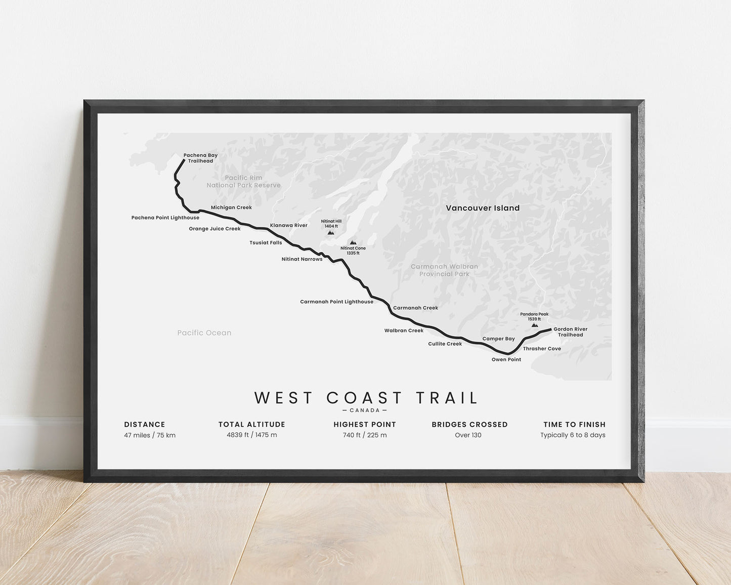 West Coast Trail (Vancouver Island) Route Wall Art with White Background