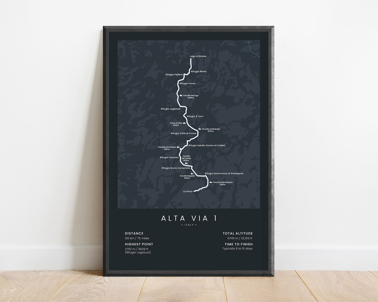 AV1 (Alps) Hiking Trail Print with Black Background