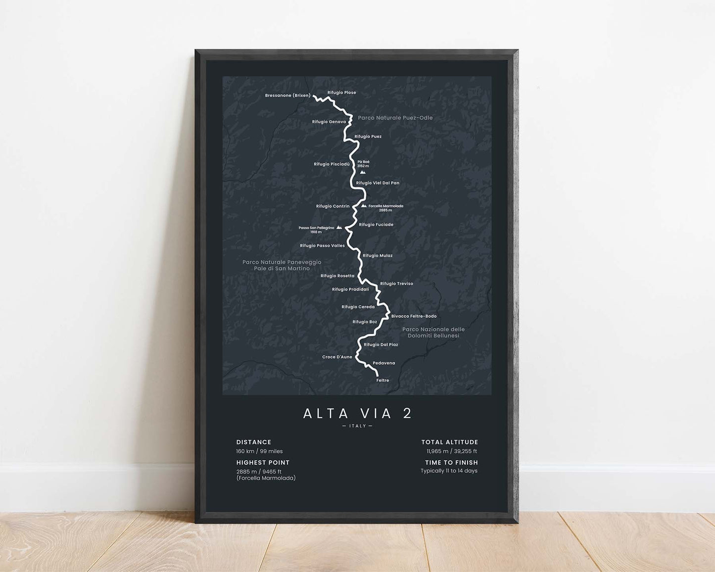 AV2 (Alps, Dolomites, Bressanone (Brixen) to Feltre, Italy) Route Wall Art with Black Background