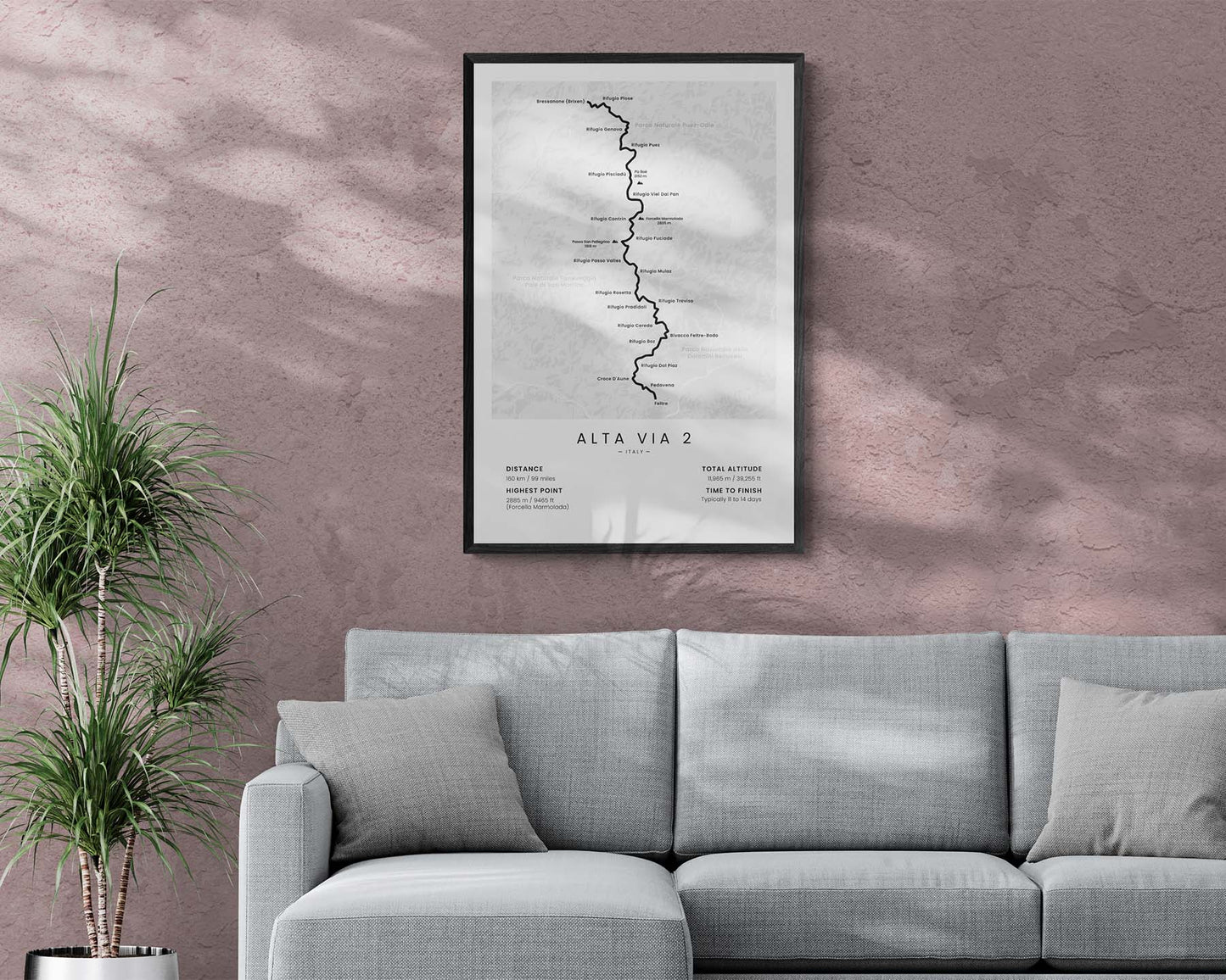Dolomites High Route 2 (Alps, Bressanone (Brixen) to Feltre, Italy, Dolomites) Trail Print in Minimal Interior Decor