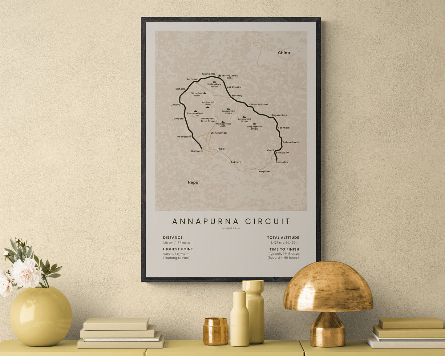 Annapurna Circuit (Nepal) trail poster in minimal room decor
