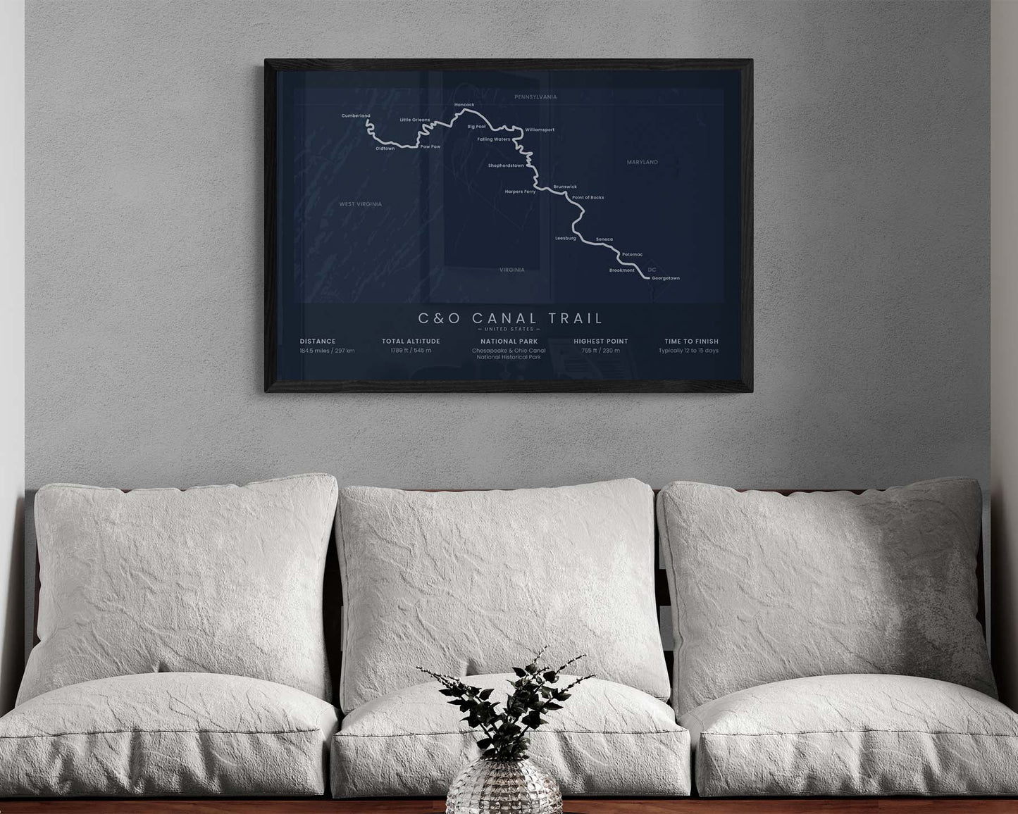 C&O Canal (bikepacking) Trail Wall Art in Minimal Living Room Decor