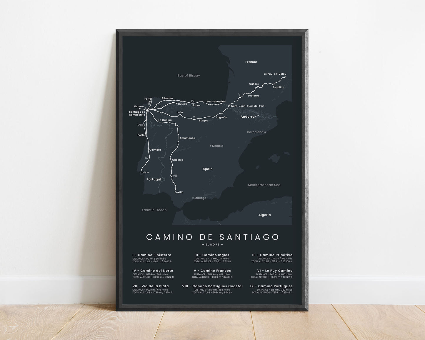 Pilgrimage Of Compostela (Via De La Plata) Trail Map Art with Black Background