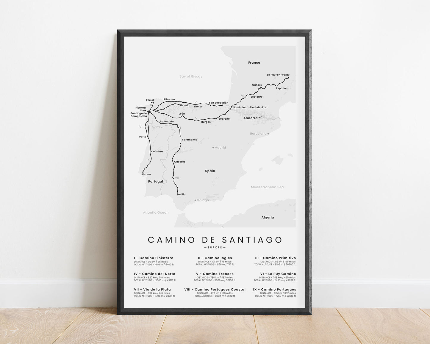 Camino De Santiago (Camino Frances) Pilgrimage Wall Map with White Background