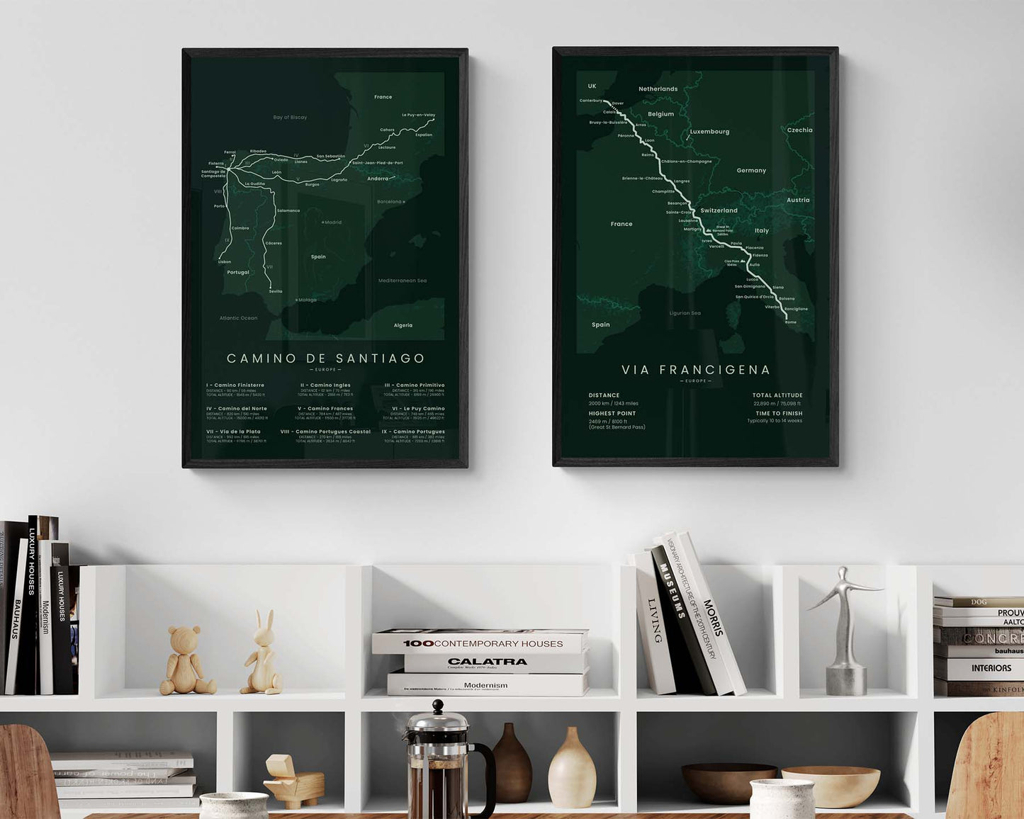 Pilgrimage Of Compostela (Camino Portugues Coastal) Hike Poster in Modern Interior Decor