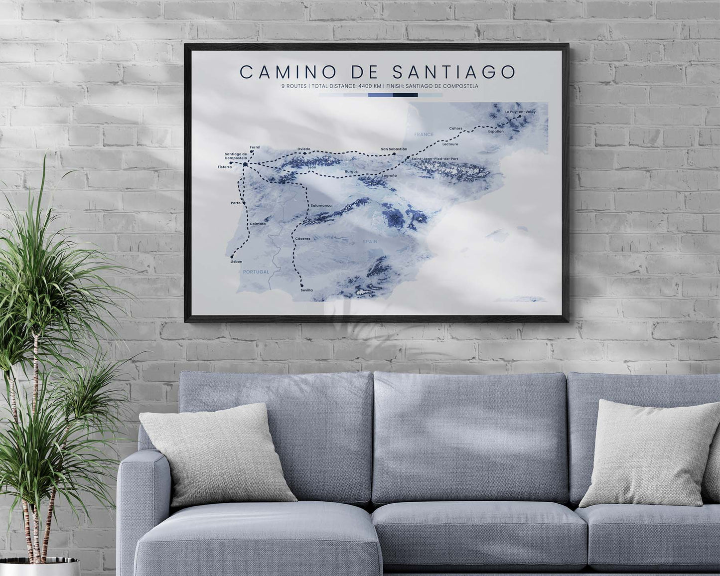 Camino de Santiago (Santiago de Compostela) Thru Hike Wall Decor with Contour Map in Modern Room Decor