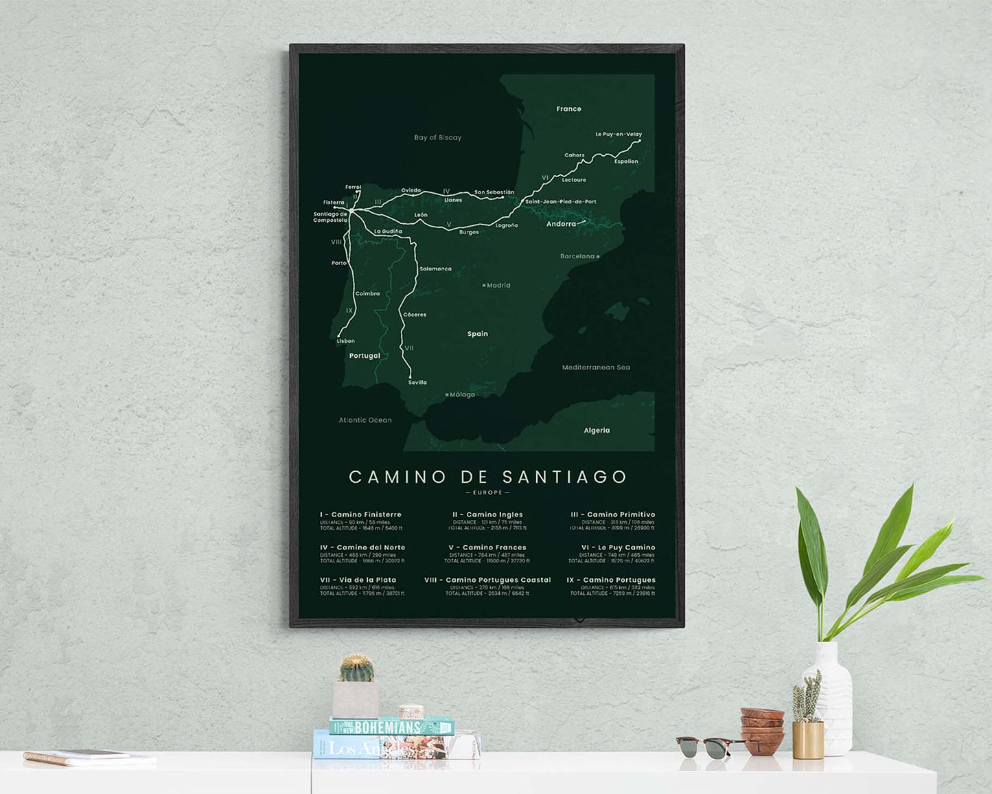 Pilgrimage of Compostela (Santiago de Compostela) trek art print in minimal room decor