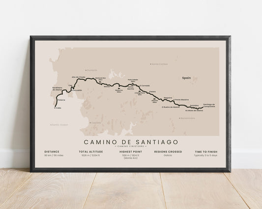 Camino de Fisterra (Spain) pilgrimage wall map with beige background