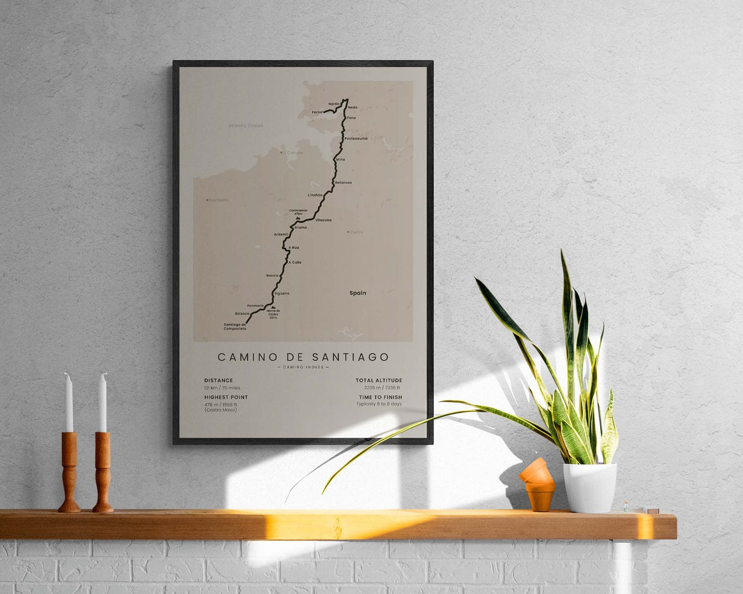 Camino de Santiago (Ferrol to Santiago de Compostela) trail in minimal room decor