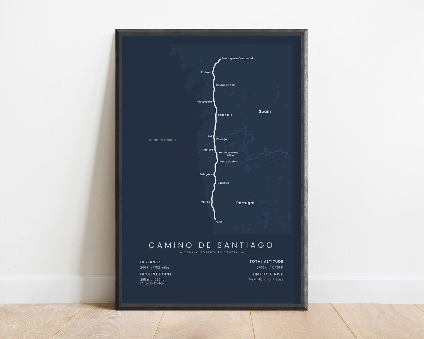 Camino Portugues Central (Spain) Hike Print with Blue Background