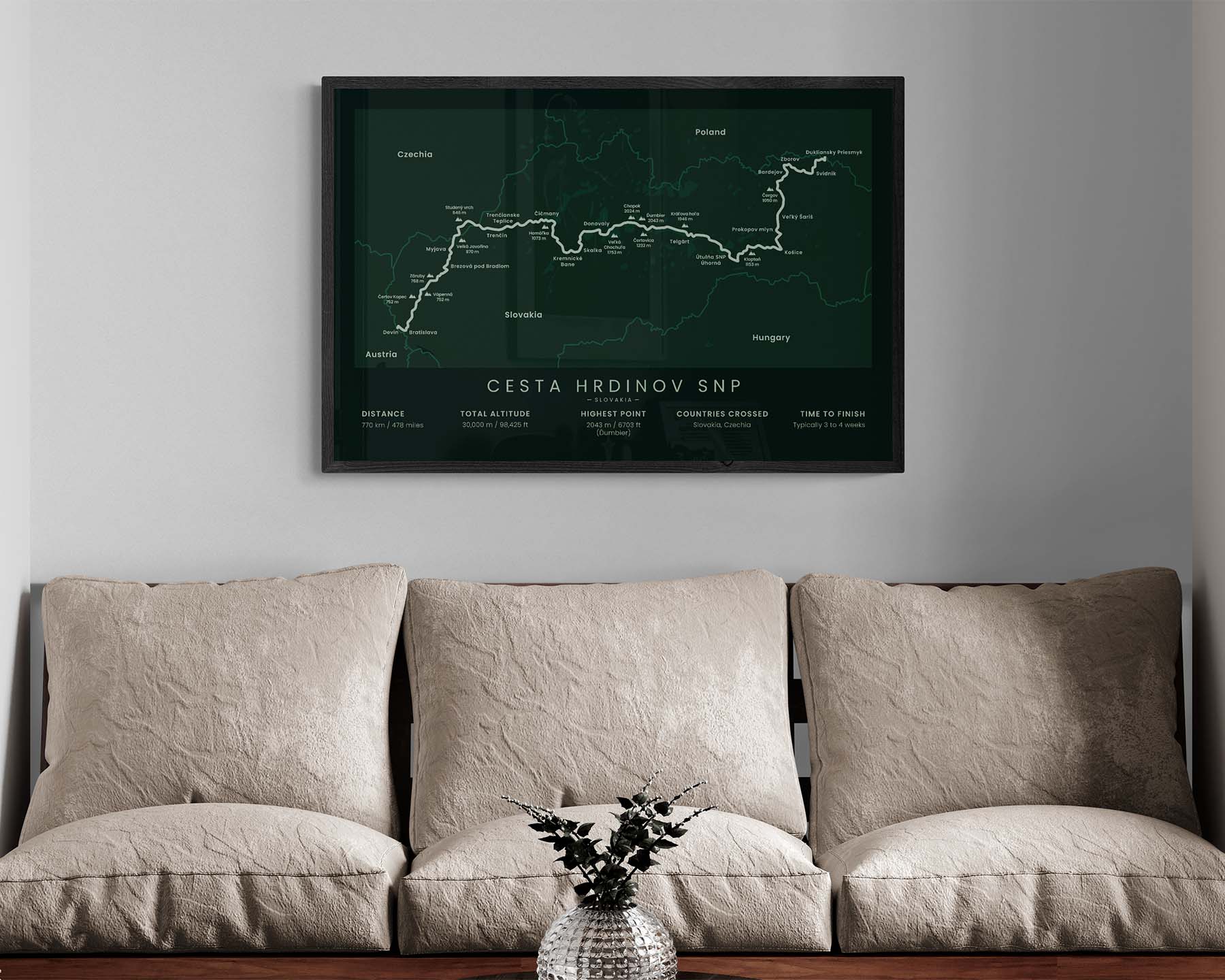 Cesta Hrdinov SNP (Ďumbier) Route Wall Map in Minimal Room Wall Art Decor