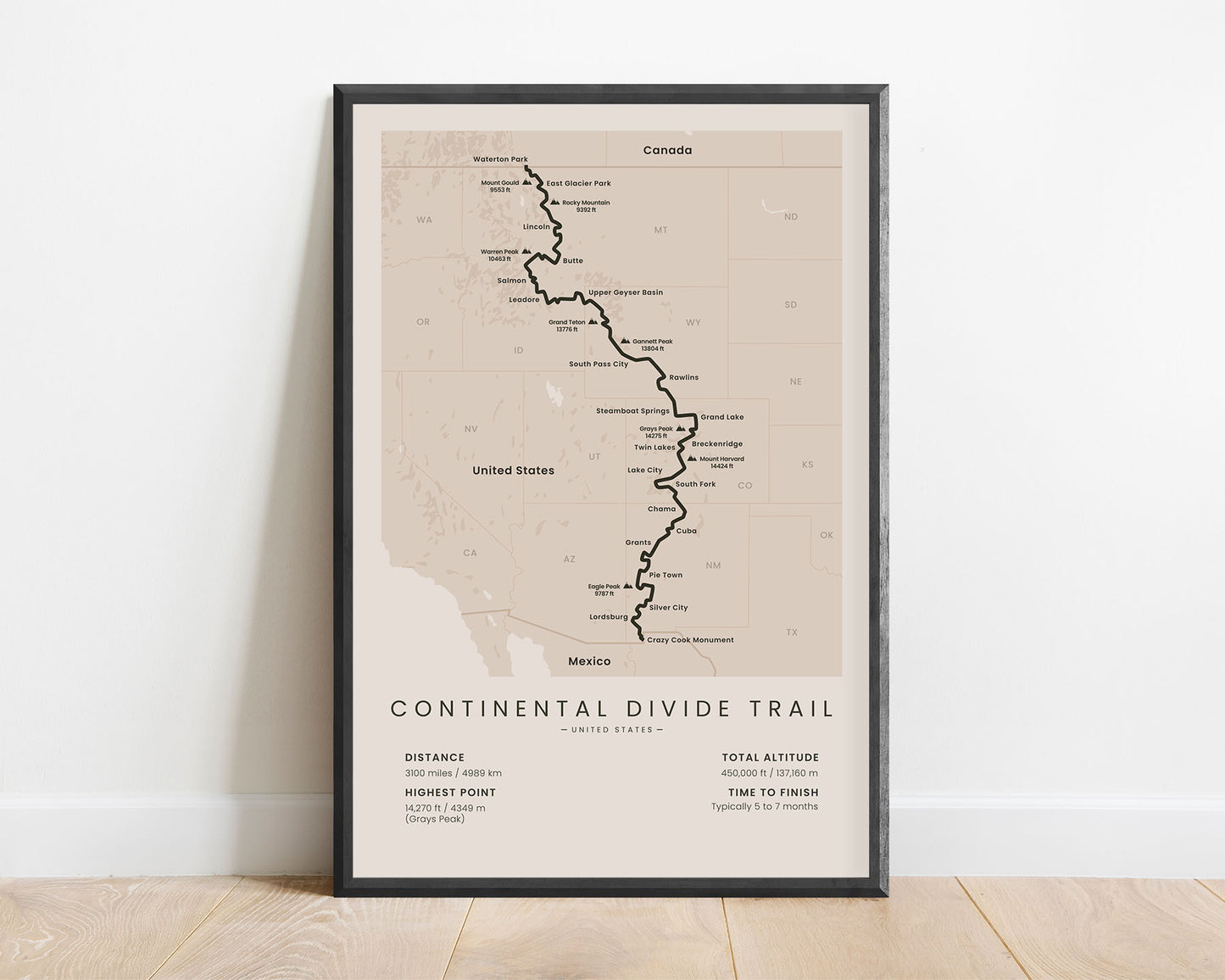 CDT (Southern to Northern Terminus) Hike Wall Map with Beige Background