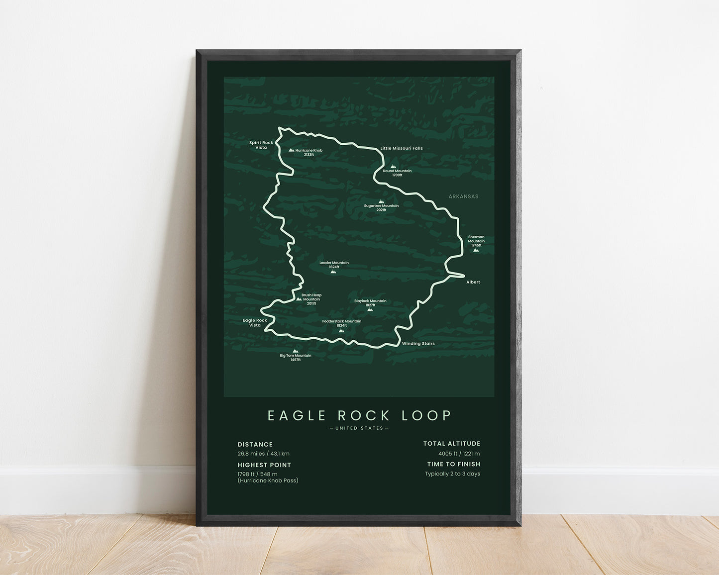 Eagle Rock Loop (Arkansas) Hike Map Art with Green Background