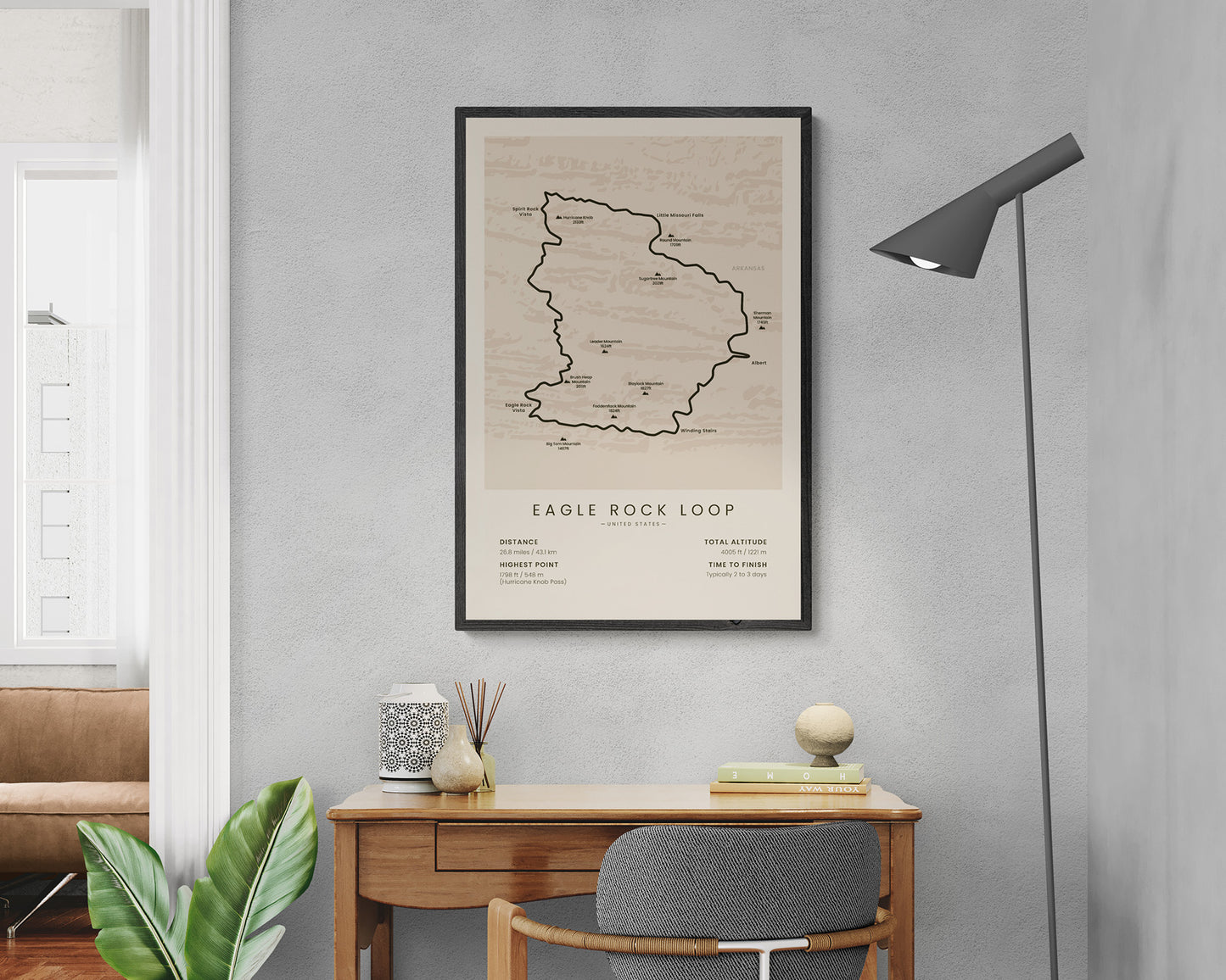 Eagle Rock Loop (Ouachita Mountains) Path Map Art in Minimal Room Decor