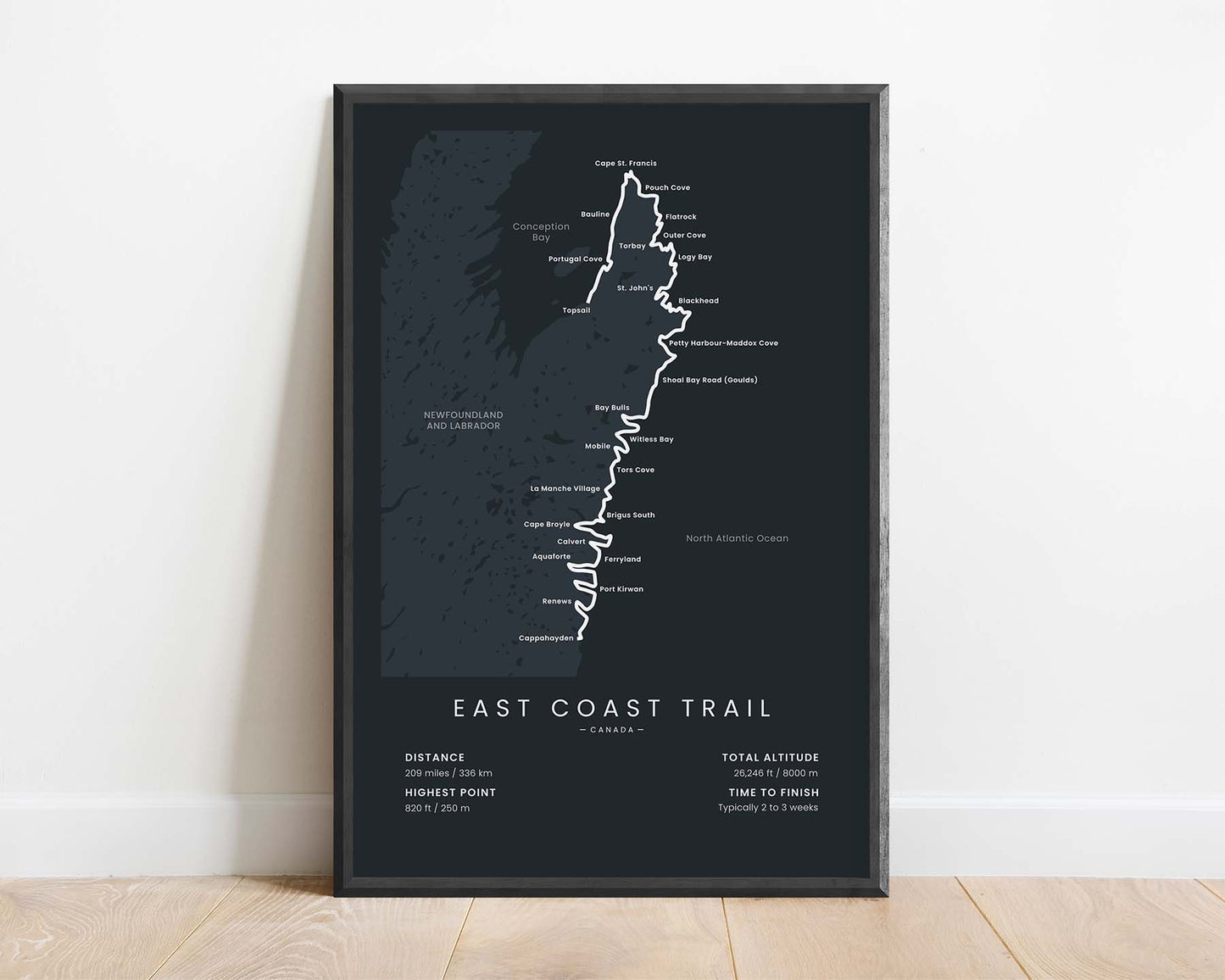 East Coast Trail (Atlantic Ocean) Path Map Art with Black Background