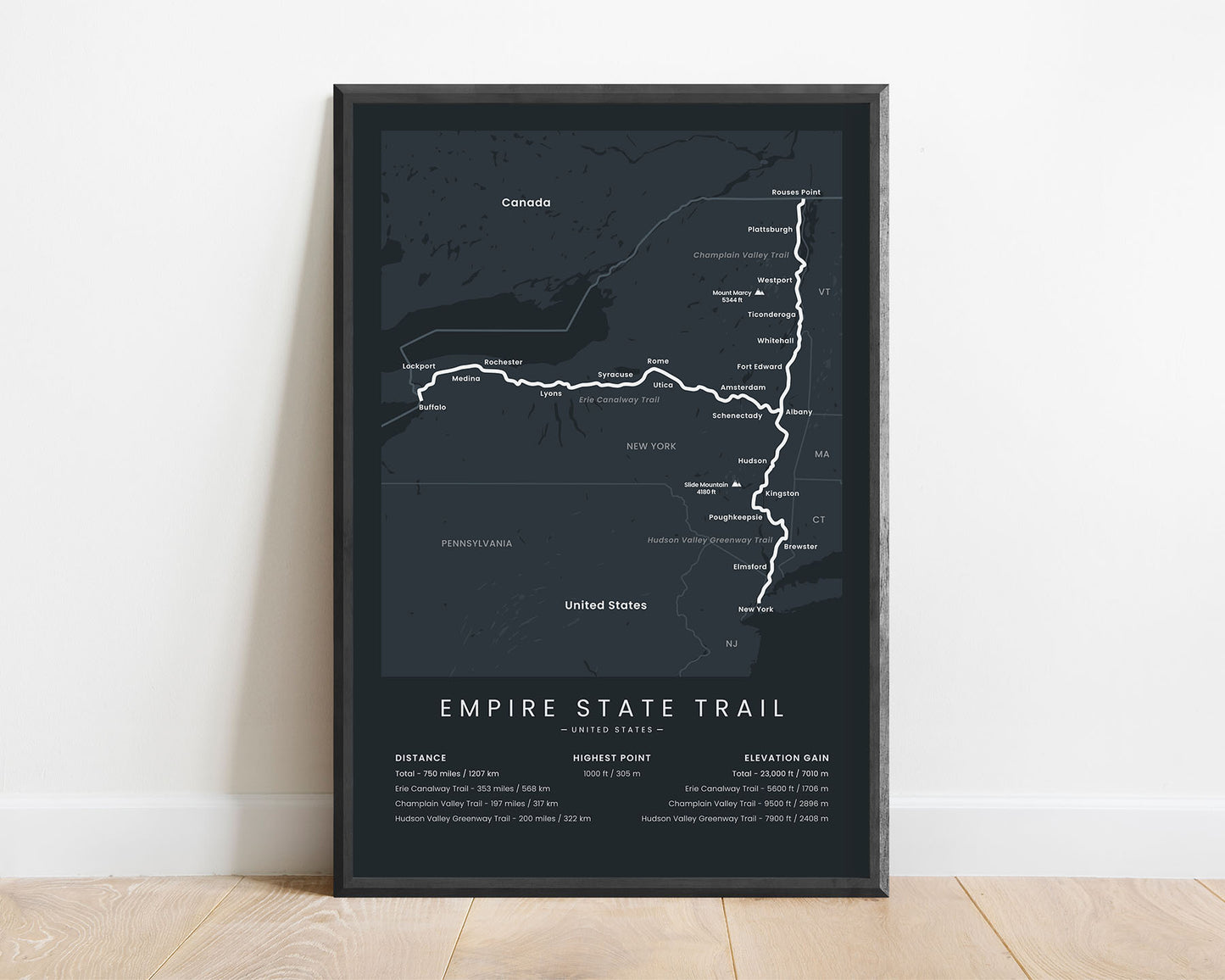Empire State Trail (United States) Track Map Art with Black Background